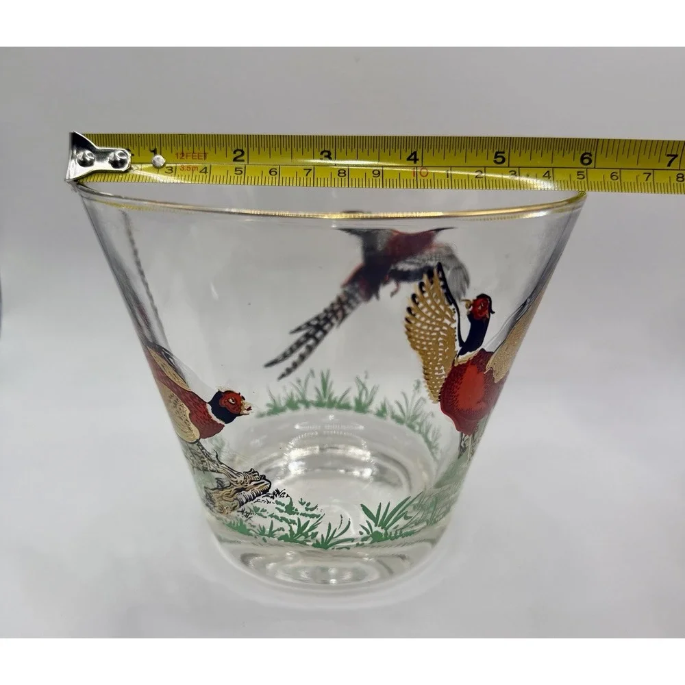 Ice Bucket Bowl Hazel Atlas Pheasant Glass Gold Trim Red Black Vintage MCM